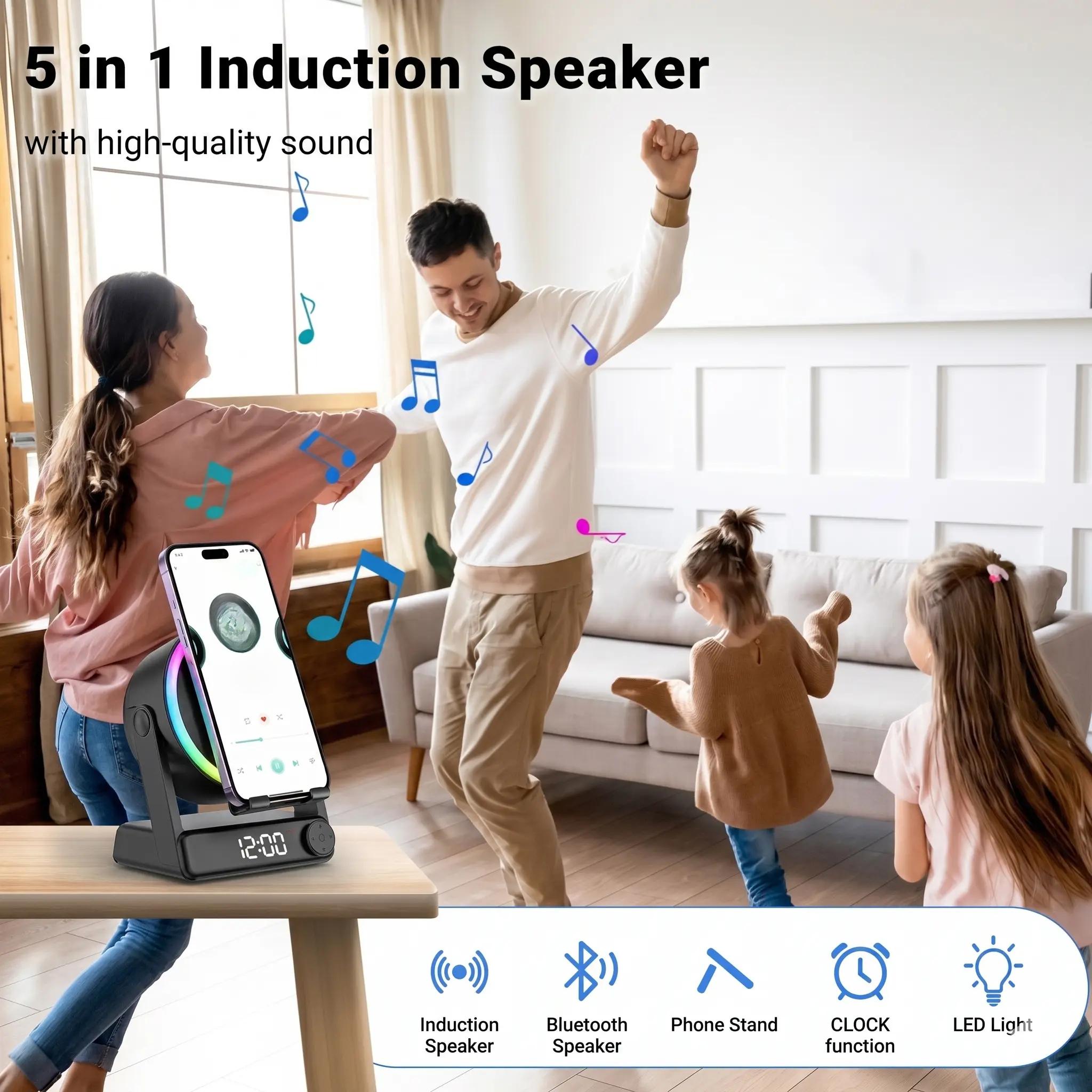 Office Tech And Gadgets - 多機能デスクフォンスタンド、誘導スピーカー、LEDデジタル目覚まし時計、RGBアンビエントライト、調整可能な回転式携帯電話ホルダー、オフィスルーム装飾用クールテックガジェット